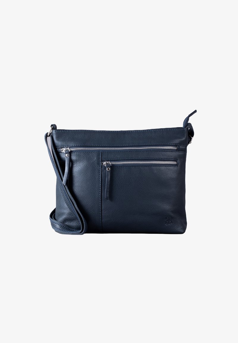Navy leather handbag featuring a smooth texture, two front zip pockets, and a detachable shoulder strap. Simple rectangular design.