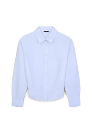 Camicia bianca a maniche lunghe con colletto a punta, tessuto liscio e lievi pieghe sulle maniche, dotata di chiusura frontale con bottoni.