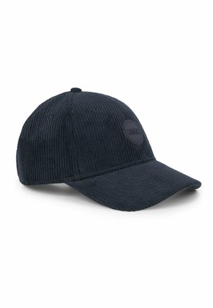 Cappellino da baseball in velluto a coste blu navy con corona arrotondata e visiera curva, con un logo circolare in rilievo sul pannello frontale.