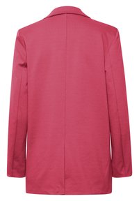 Rosa Blazer mit Kragen, langen Ärmeln und einer einzelnen Rückenbelüftung. Gefertigt aus einem glatten Stoff mit einem klaren, maßgeschneiderten Design.
