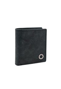 Cartera de cuero gris oscuro con acabado texturizado, diseño de doble pliegue y un detalle de cierre metálico de botón a presión en el frente.