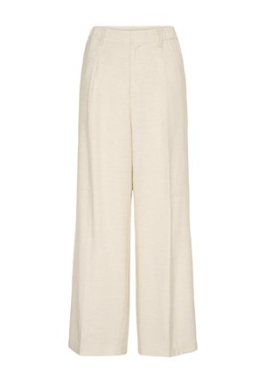 Pantalon beige à jambes larges avec passants pour ceinture, poches latérales et fermeture avant dissimulée.