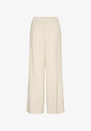 Pantalon beige à jambes larges avec passants pour ceinture, poches latérales et fermeture avant dissimulée.