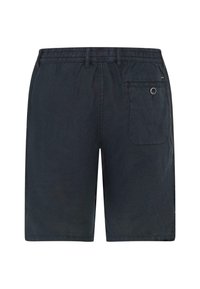 Shorts noirs en tissu léger, dotés d'une taille élastique, d'une poche arrière avec fermeture à bouton et de jambes droite.