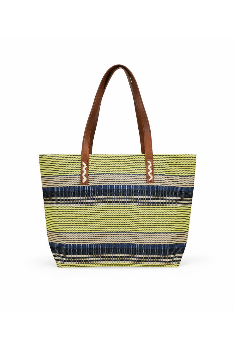 Borsa a tracolla a righe con colori giallo, blu navy e beige, con manici in pelle marrone e una texture intrecciata. Misura di dimensioni medie.