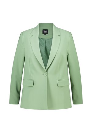 Blazer ajusté vert clair avec revers, fermeture à un bouton et deux poches avant ; fabriqué en tissu lisse et légèrement texturé.