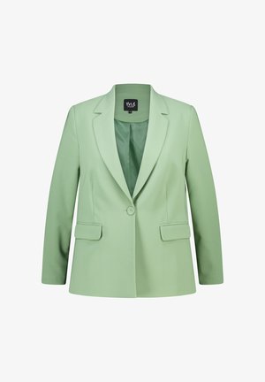 Lichtgroene op maat gemaakte blazer met gegolfde revers, sluiting met één knoop en twee voortassen; gemaakt van een gladde, licht gemerkte stof.