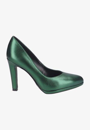 Green patent leather high-heeled pump with a rounded toe and a smooth, glossy finish. Features a black inner lining and a sturdy heel.