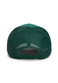 Green snapback cap with a solid front panel and mesh back. Features a structured design, adjustable strap, and stitching detail.