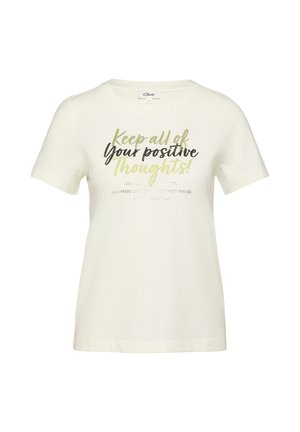 Cremefarbenes T-Shirt mit kurzen Ärmeln und grünem sowie schwarzem Text in der Mitte auf der Vorderseite, der lautet: "Behalte alle deine positiven Gedanken!"