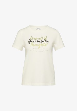 T-shirt crème à manches courtes avec un texte vert et noir au centre devant, disant "Gardez toutes vos pensées positives !"