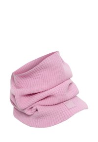 Világos rózsaszín bordázott kötött nyakmelegítő hajtogatott kialakítással és egy kis négyzet alakú címkével az egyik oldalon. Puha tapintású és rugalmas anyagból készült.