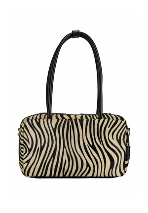 Sac à main rectangulaire avec des rayures zèbre noires et beiges, doté de deux longues anses noires et d'une fermeture éclair sur le dessus.