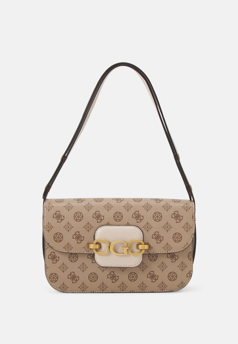 Sac à bandoulière beige à monogramme avec une sangle marron foncé et une boucle double G en métal doré sur le rabat avant.