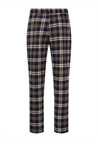 Plaid trousers featuring a navy, beige, and brown color scheme, with an elastic waistband and straight-leg design. Cotton blend material.