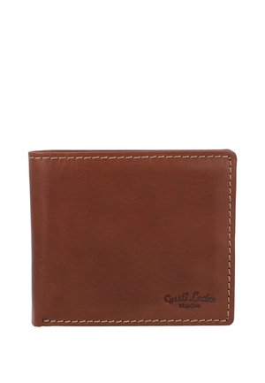 Hnedá kožená peňaženka na dve časti s viditeľným béžovým prešívaním a vyrazeným logom "Custi Leder studio" v pravom dolnom rohu.