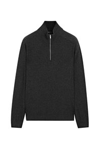 Dunkelgrauer Langarmpullover mit hohem Kragen und einem silbernen Halbreißverschluss in der Mitte vorne.