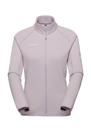 Veste polaire violet clair à fermeture éclair intégrale avec col montant, deux poches latérales zippées et logo Mammut sur la poitrine gauche et la manche gauche.