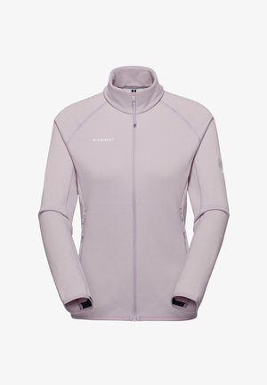 Veste polaire violet clair à fermeture éclair intégrale avec col montant, deux poches latérales zippées et logo Mammut sur la poitrine gauche et la manche gauche.