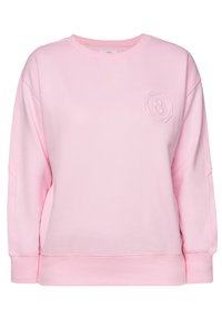 Pink crewneck sweatshirt made of soft cotton blend. Features a textured octagonal logo on the chest and ribbed cuffs and hem.