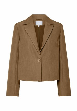Brun, cropped blazer med knaplukning, spidse klapper og glat stoftekstur. Indvendigt foret i en mørkere nuance.