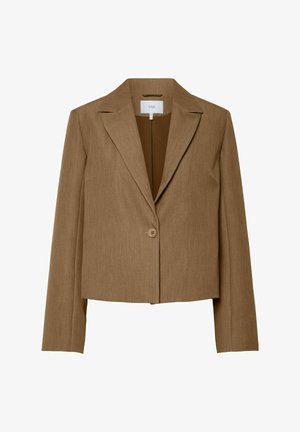 Brun cropped blazer med en knappeåpning, kjede-lapper og glatt tøy tekstur. Interiør fôret i en mørkere nyanse.