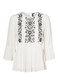 Weiße Bluse mit schwarzem Blumenstickerei auf der Vorderseite. Verfügt über einen runden Ausschnitt, lange Ärmel und einen gefältelten Saum. Weicher Griff.
