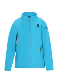 Modra softshell jakna z visokim ovratnikom, dvema sprednjima žepoma in majhnim logotipom na levi strani prsnega koša. Gladka tekstura in običajen fit.