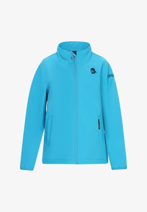 Kék softshell dzseki magas gallérral, két elülső zsebbel és egy kis logóval a bal mellen. Simás textúra és normál szabás.