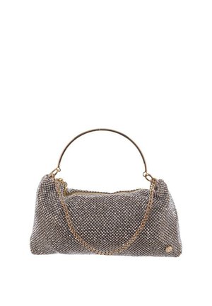 Piccola borsa a rete argento con manico circolare dorato e tracolla a catena dorata, forma rettangolare, chiusura con zip.
