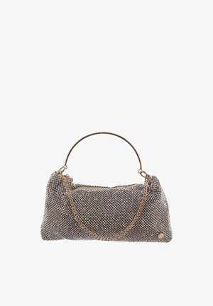 Piccola borsa a rete argento con manico circolare dorato e tracolla a catena dorata, forma rettangolare, chiusura con zip.