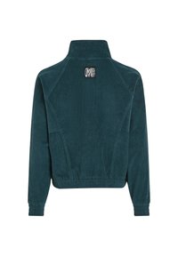 Giacca in corduroy teal con colletto alto, maniche a raglan, polsini elastici e un'etichetta con logo sul retro. Vestibilità compatta con una superficie testurizzata.