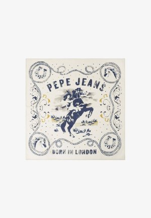 Katoenen bandana met een blauw-wit ontwerp, voorzien van een illustratie van een paard en ruiter, decoratieve touwranden en de tekst "PEPE JEANS".