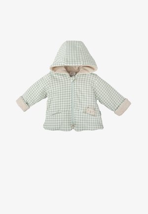 Chaqueta de bebé a cuadros verde claro y blanca con capucha, forro interior beige, cremallera frontal y pequeño bordado de cara de erizo en el bolsillo.