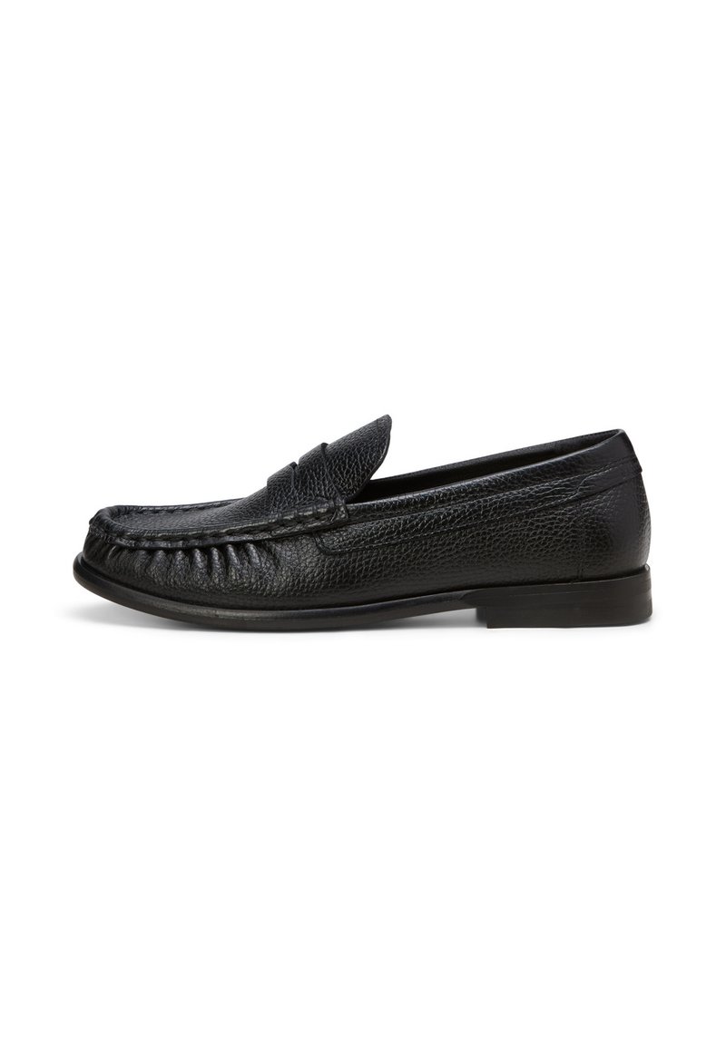 Zwarte leren loafers met een gestructureerde afwerking, een ronde neus en decoratieve stiksels aan de voorkant. Lage rubberen hak voor comfort.