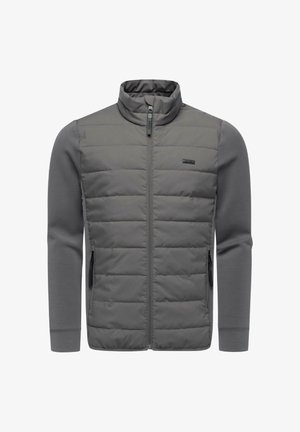 Gray jacket with a high collar, featuring quilted front panel, smooth sleeves, zipper closure, and side pockets. Textured fabric with contrasting elements.