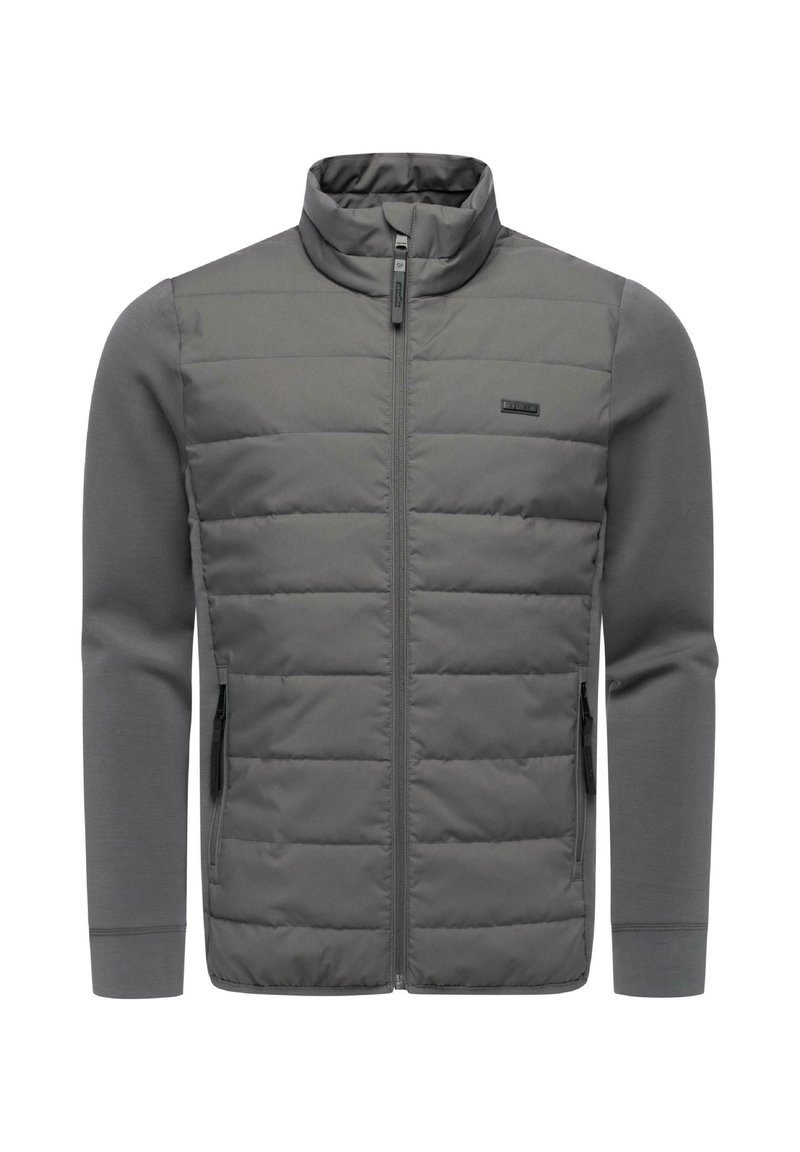 Graue Jacke mit hohem Kragen, gestepptem Vorderteil, glatten Ärmeln, Reißverschlussverschluss und Seitentaschen. Strukturierter Stoff mit kontrastierenden Elementen.