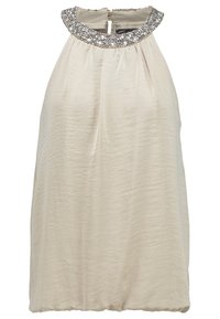 Robe de cocktail beige sans manches avec col haut décoré de sequins et perles argentés, fermeture boutonnée dans le dos.