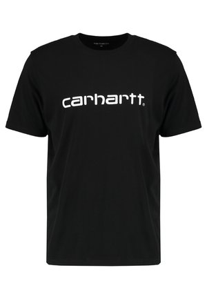 Sort t-shirt med korte ærmer med hvidt "carhartt" logo trykt på brystet, rund halsudskæring og medium størrelse mærke i kraven.