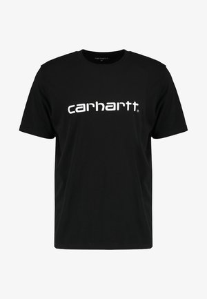 Zwart T-shirt met korte mouwen en wit "carhartt"-logo gedrukt over de borst, ronde hals en medium maatlabel binnenin de kraag.