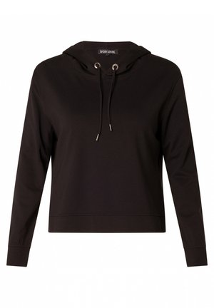 Zwarte hoodie van zachte stof, met een verstelbare capuchon, lange mouwen en een losse pasvorm. Zilveren oogjes accentueren de koorden.