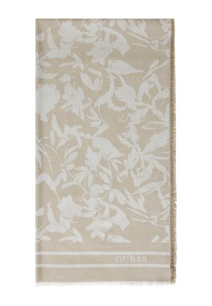 Beiger Schal mit weißem Blumenmuster, fransigen Rändern und "GUESS"-Logo nahe dem unteren Rand.