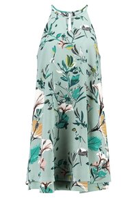 Blommig halterneck klänning i mintgrön tyg, med färgglada botaniska tryck, en nyckelhålsknäppning och en utsvängd, lös passform.