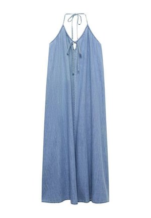 Denim-Maxi-Kleid mit Halterhals, Rückenkrawatten und langem Design. Ausgestattet mit einer hellen Waschung und einem lockeren, fließenden Schnitt.