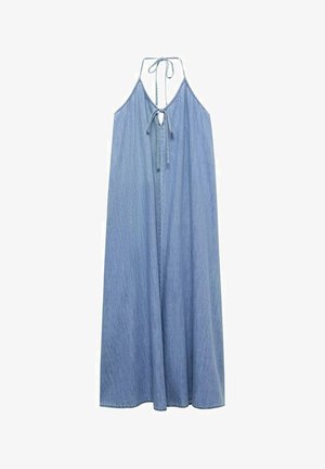 Denim-Maxi-Kleid mit Halterhals, Rückenkrawatten und langem Design. Ausgestattet mit einer hellen Waschung und einem lockeren, fließenden Schnitt.