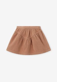 Jupe en velours côtelé marron pour bébé avec taille élastique et détail de tissu froncé à l'avant.