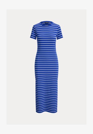 Niebieska sukienka w paski wykonana z bawełnianej mieszanki. Posiada krótkie rękawy, okrągły dekolt oraz dopasowany fason sięgający do kostek.