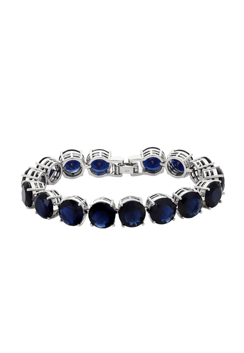 Bracciale in argento con grandi gemme tondo blu intenso collegate in un cerchio continuo, dotato di chiusura a moschettone.