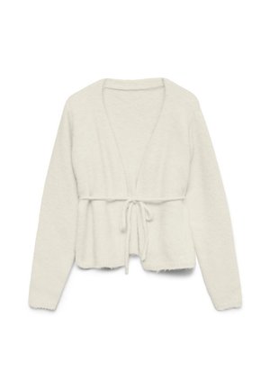 Cardigan en maille douce de couleur crème, manches longues, ceinture à nouer sur le devant, encolure ouverte et ourlet légèrement raccourci.