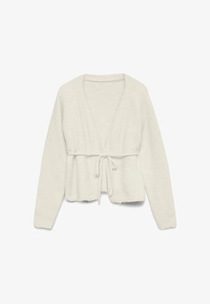 Krēmkrāsas mīksts adīts kardigans ar garām piedurknēm un priekšā sasienamu jostu, atvērtu kakla izgriezumu un viegli cropped apmali.